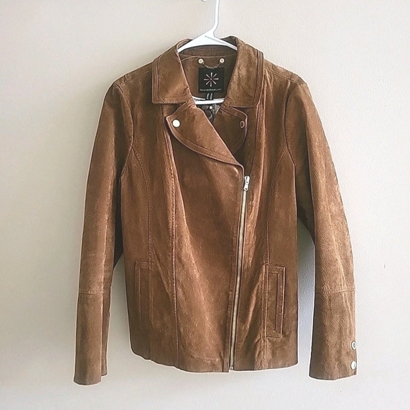 Isaac Mizrahi Moto Jacket Womens 14 Cognac Brown Suede Leather Lined Full Zip - Picture 3 of 14